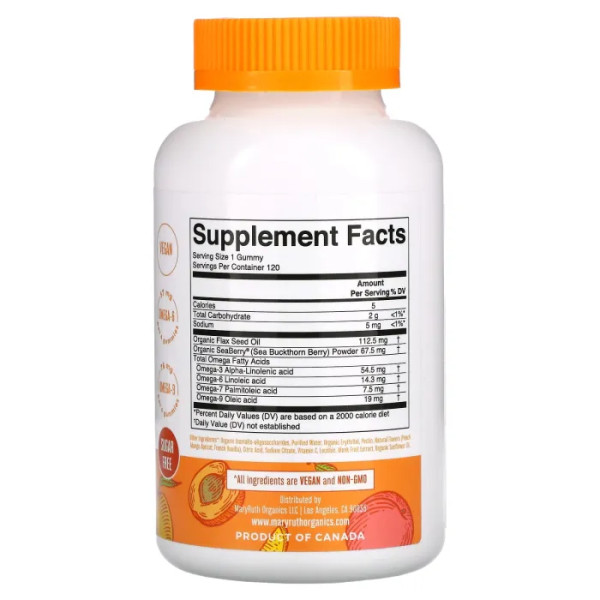 Омега 3-6-7-9, Omega 3-6-7-9 Gummies, MaryRuth Organics, персик, манго, абрикос, без цукру, 120 жувальних цукерок