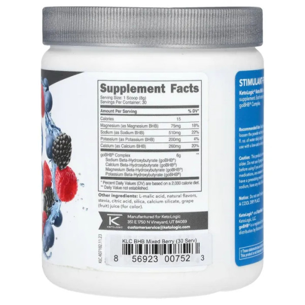 Кетонові солі, бета-гідроксибутират, Keto BHB, KetoLogic, ягідне асорті, 246 г