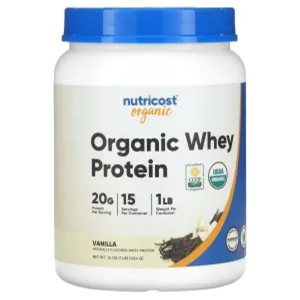 Сироватковий протеїн, Organic Whey Protein, Nutricost, органічний, зі смаком ванілі, 454 г