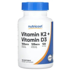 Витамин K2 и D3, Vitamin K2 Vitamin D3 Nutricost, 120 гелевых капсул