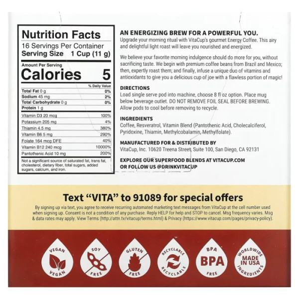 Кава в капсулах, Energy Coffee, VitaCup, легкого обсмажування, з вітамінами та антиоксидантами, 16 капсул по 11 г