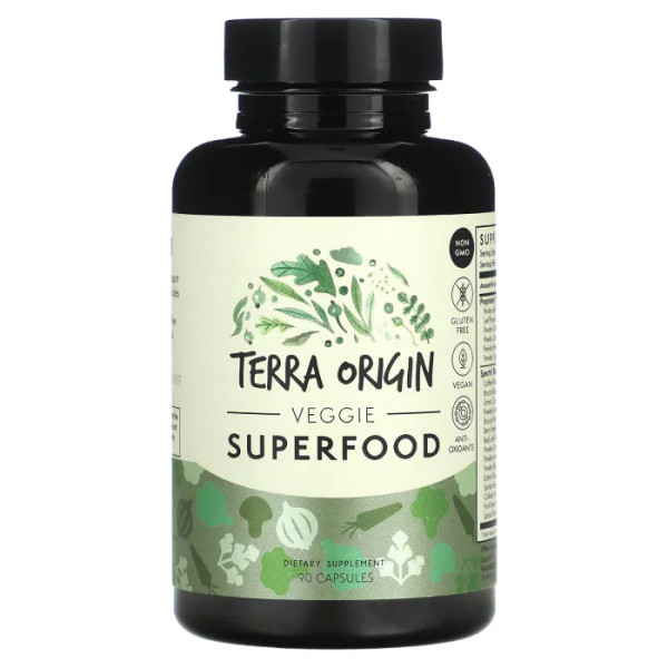 Зелень та овочі, суперпродукт, Veggie Superfood, Terra Origin, 29 фруктів, овочів та трав, 90 веганських капсул