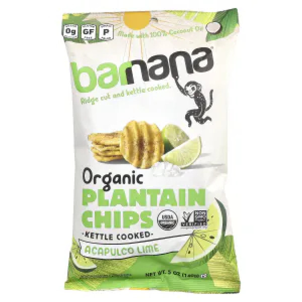 Бананові чіпси, Organic Plantain Chips, Barnana, Акапулько лайм, органік, 140 г