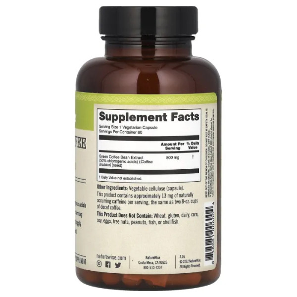 Зелена кава, Green Coffee, NatureWise, екстракт, 800 мг, 60 кап.