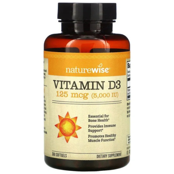 Вітамін D3, Vitamin D3, NatureWise, 125 мкг (5000 МО), 360 гелевих капсул