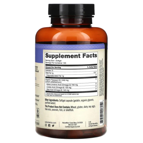 Лляна олія, Organic Flaxseed Oil, NatureWise, органічна, 120 гелевих капсул