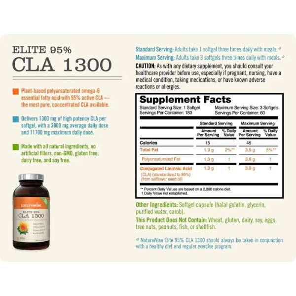 Кон'югована лінолева кислота, CLA 1300, NatureWise, 95%, 180 гелевих капсул