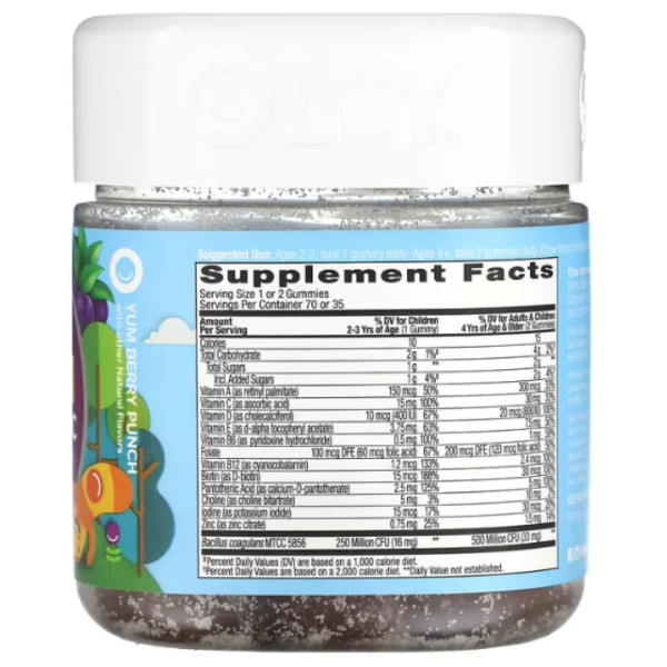 Мультивітаміни та мінерали для дітей + пробіотик, Kids Multi + Probiotic, OLLY, з вітамінами A, C, D, E, B та цинком, ягідний пунш, 70 жувальних цукерок