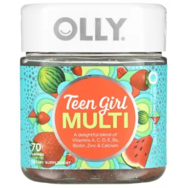 Мультивітамінний комплекс для дівчаток-підлітків, Teen Girl Multi, OLLY, з вітамінами A, C, D, E, B, біотином, цинком та кальцієм, зі смаком ягід та дині, 70 жувальних цукерок
