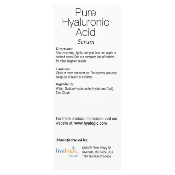 Сироватка для обличчя з чистою гіалуроновою кислотою, Face Serum, Hyalogic, 30 мл