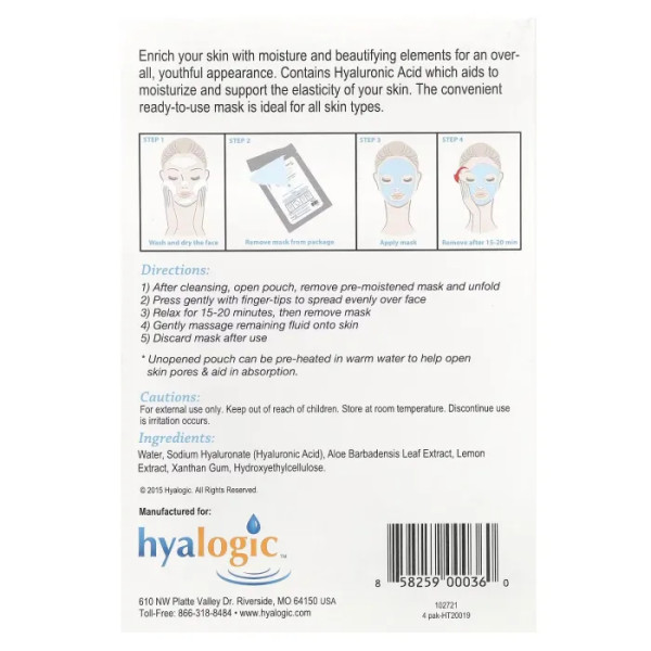 Маска для обличчя, Moisture Beauty Mask, Hyalogic, зволожуюча, з гіалуроновою кислотою та алое, без ароматів, 4 шт.