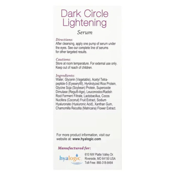 Сироватка для освітлення темних кіл, Dark Circle Lightening, Hyalogic, з гіалуроновою кислотою, 30 мл