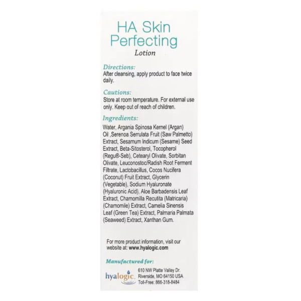 Лосьйон для обличчя, HA Skin Perfecting Lotion, Hyalogic, з гіалуроновою кислотою та аргановим маслом, 28,4 г