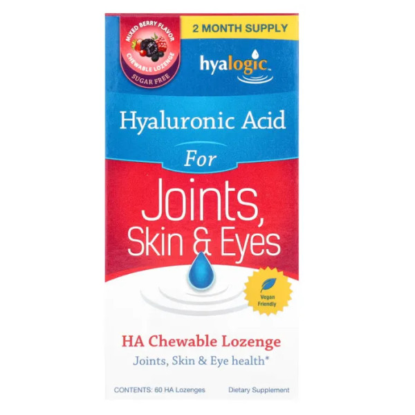Гіалуронова кислота для суглобів, шкіри та очей, Hyaluronic Acid, Hyalogic, 60 мг, зі смаком ягідний мікс, 60 льодяників