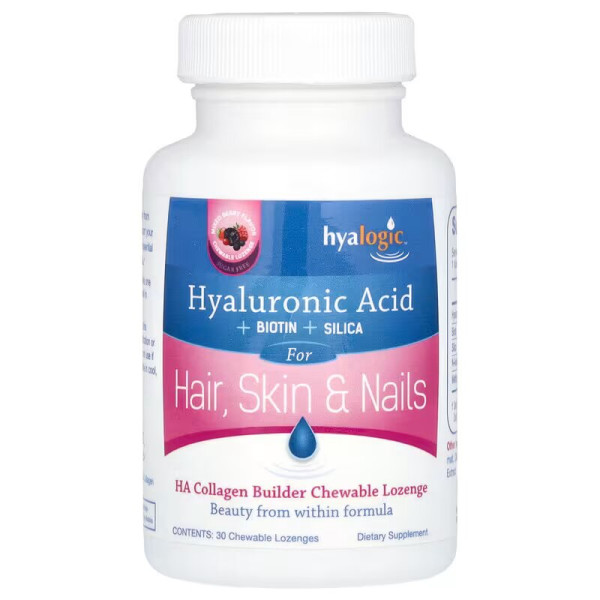 Гіалуронова кислота, біотин та діоксид кремнію, Hyaluronic Acid + Biotin + Silica, Hyalogic, ягідний мікс, 30 жувальних пастилок