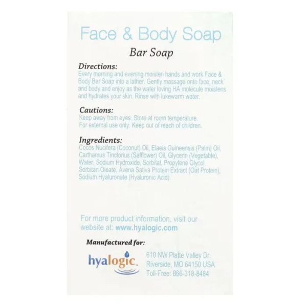 Мило для обличчя та тіла, Face & Body Bar Soap, Hyalogic, з гіалуроновою кислотою, 113,4 г