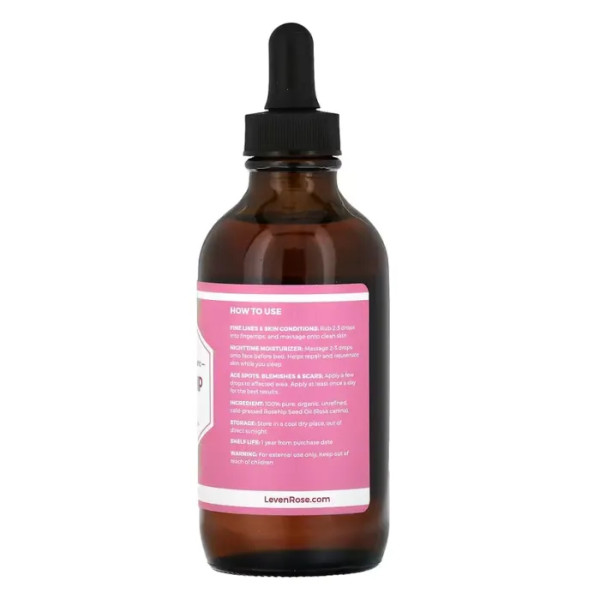 Олія шипшини, Rosehip Oil, Leven Rose, 100% чиста та органічна, 118 мл