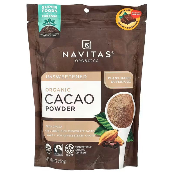 Какао, Cacao, Navitas Organics, органік, порошок, без цукру, 454 г