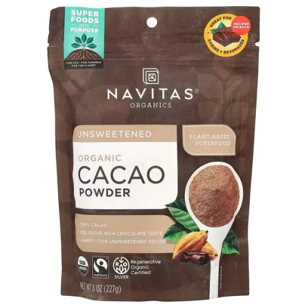Какао порошок, Cacao Powder, Navitas Organics, органік, без цукру, 227 г