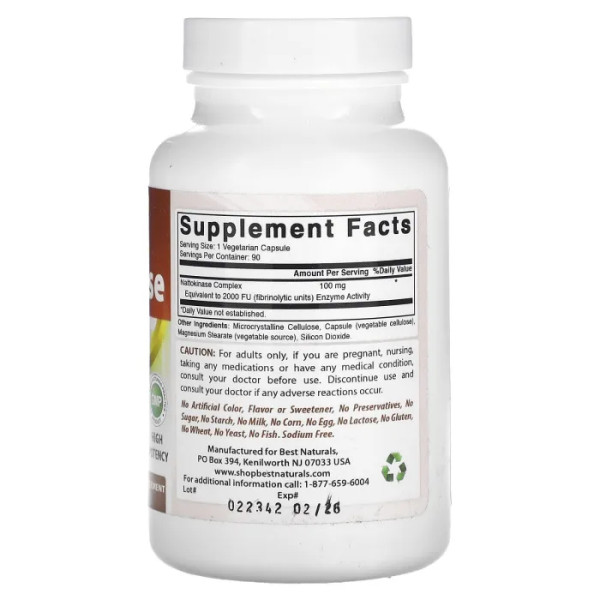 Наттокіназа, Nattokinase, Best Naturals, 100 мг, 90 вегетаріанських капсул