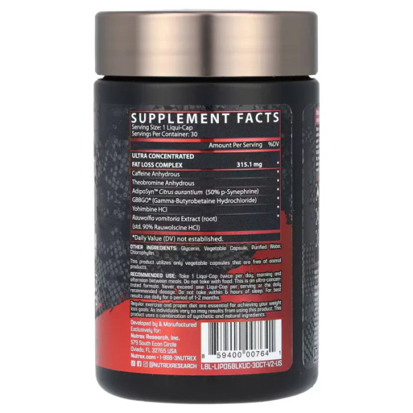 Жироспалювач Ліпо-6, LIPO-6 Black, Nutrex Research Labs, ультраконцентрат, 30 капсул з рідиною