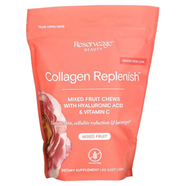 Колаген, Collagen Replenish, ReserveAge Nutrition, заповнюючий, суміш фруктів, 60 жувальних цукерок