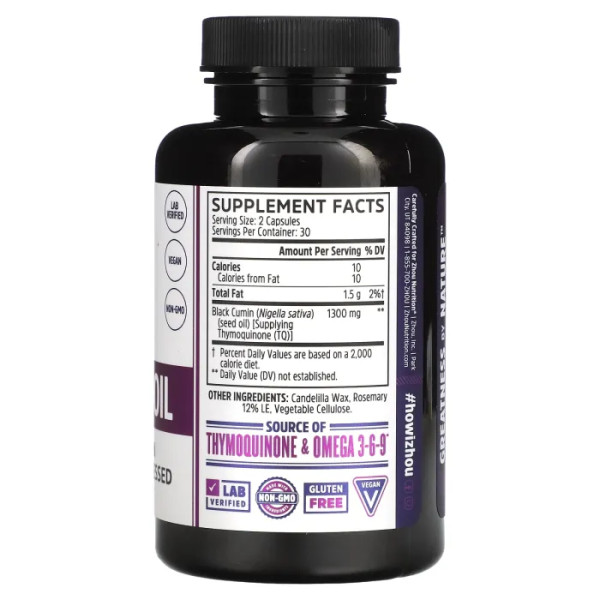 Масло чорного кмину, Black Seed Oil, Zhou Nutrition, 60 вегетаріанських капсул