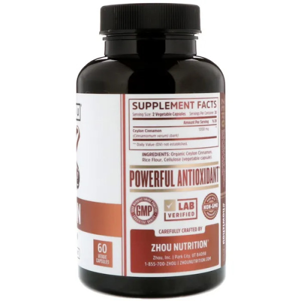 Кориця, екстракт, Ceylon Cinnamon, Zhou Nutrition, цейлонська, 1200 мг, 60 капсул (600 мг у капсулі)