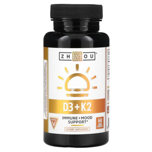 Вітамін D3 і К2, K2 + D3, Zhou Nutrition, 60 вегетаріанських капсул