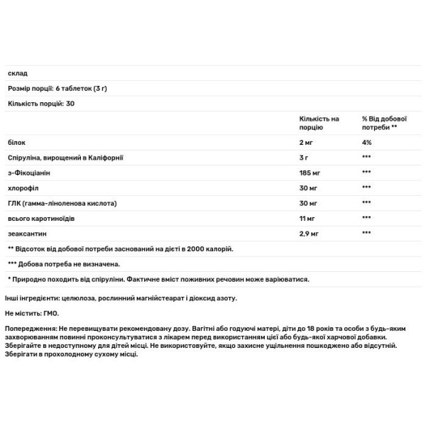 Спіруліна, Spirulina, Zhou Nutrition, 180 таблеток