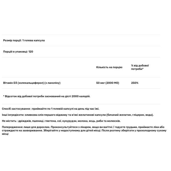 Вітамін D3, Vita D3, APOLLO SUN, 2000 МО, 120 гелевих капсул