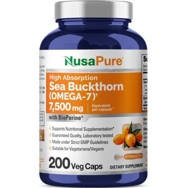 Обліпиха, Омега 7, Sea Buckthorn (Omega 7), NusaPure, 7500 мг, 200 вегетаріанських капсул