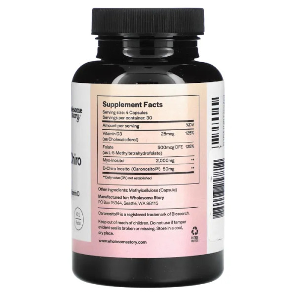 Міо та D-хіро інозитол, Myo & D-Chiro Inositol, Wholesome Story, з фолатом + вітаміном D, 120 вегетаріанських капсул
