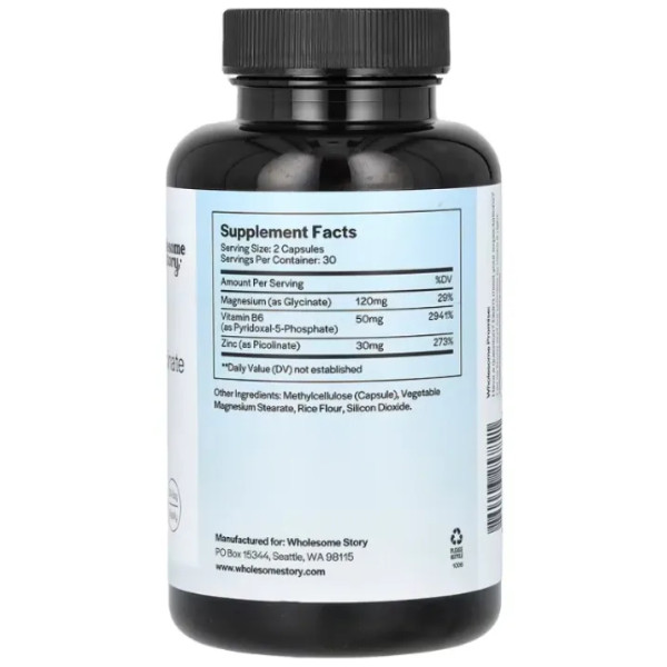 Піколінат цинку з гліцинатом магнію та вітаміном B6, Zinc With Magnesium + Vitamin B6, Wholesome Story, 60 вегетаріанських капсул