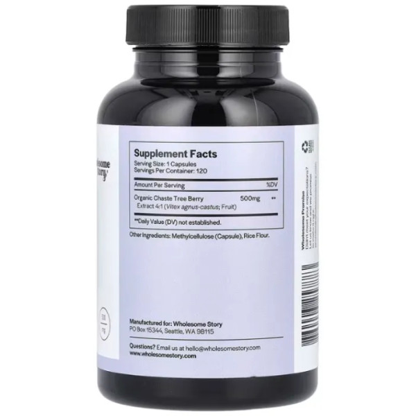 Вітекс священний, Vitex, Wholesome Story, екстракт ягід, органік, 500 мг, 120 вегетаріанських капсул