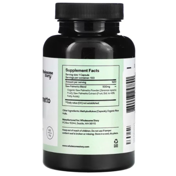 Со Пальметто, Saw Palmetto, Wholesome Story, органічний порошок, 500 мг, 100 вегетаріанських капсул