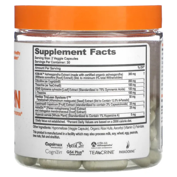 Жироспалювач, Genius Burn, Genius, без кофеїну, 60 вегетаріанських капсул