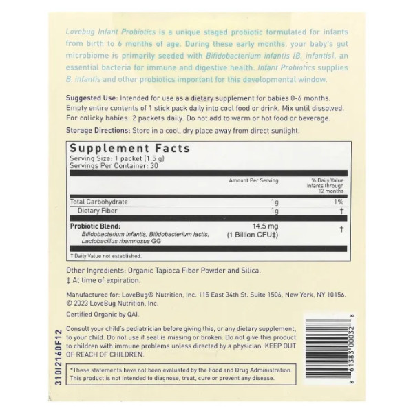 Пробіотики для немовлят, Infant Probiotics, 0-6 Months, LoveBug Probiotics, 0-6 місяців, 1 млрд КУО, 30 стиків по 1,5 г