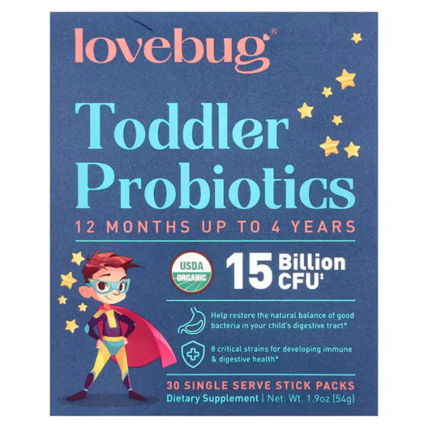 Пробіотики для дітей, Toddler Probiotics, LoveBug Probiotics, від 12 місяців до 4 років, 15 млрд КУО, 30 стиків, по 1,8 г кожен