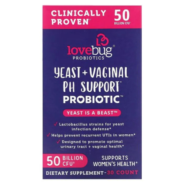 Пробіотик для жінок з дріжджами, Yeast + Vaginal PH Support Probiotic, LoveBug Probiotics, 50 млрд КУО, 30 шт