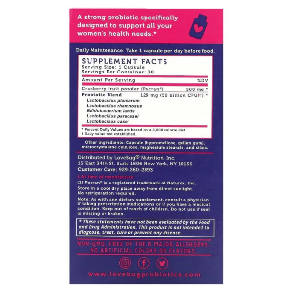 Пробіотик для жінок з дріжджами, Yeast + Vaginal PH Support Probiotic, LoveBug Probiotics, 50 млрд КУО, 30 шт