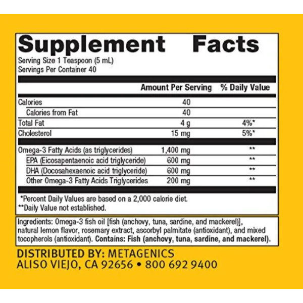 Омега-3, OmegaGenics EPA-DHA 1200, Metagenics, для здоровья сердца и иммунной системы, вкус лимона, жидкость, 1200 мг, 200 мл