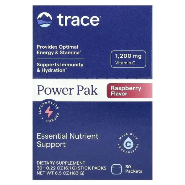 Электролиты, Electrolyte Stamina Power Pak, Trace, малина, 30 пакетов по 6.1 г