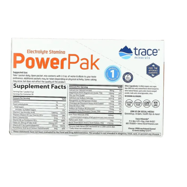 Електроліти зі смаком мандарину, Electrolyte Stamina Power Pak, Trace Minerals Research, 30 пакетів по 5 г кожен