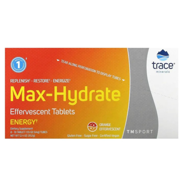 Електроліти, Max-Hydrate Endurance Effervescent Tablets, Trace, для підвищення рівня енергії, зі смаком апельсин, 8 туб, по 10 шипучих таблеток в кожній