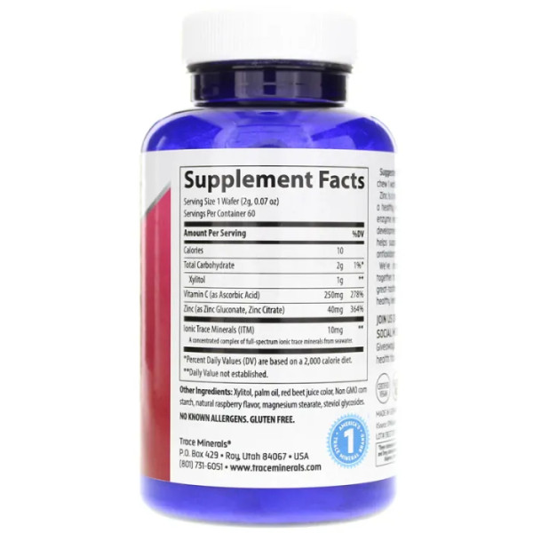 Цинк + вітамін С, Zinc + Vitamin C, Trace Minerals Research, смак малини, 60 жувальних вафель