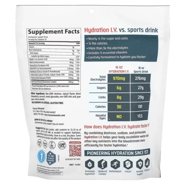 Електроліт, смак полуниці та кокосу, Electrolyte Drink Paks, Trace Minerals Research, 16 пакетів по 16 г