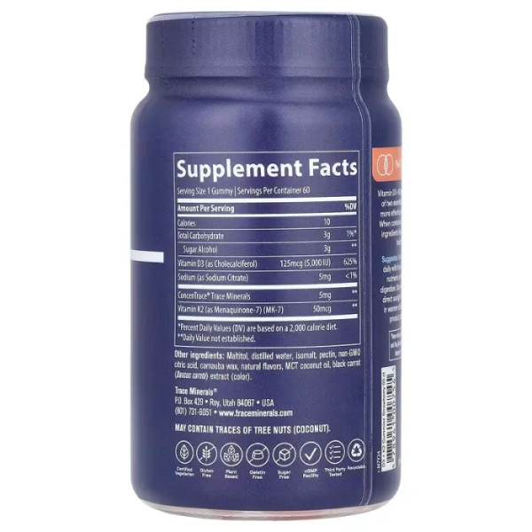 Вітаміни D3+K2, Vitamin D3+K2 Gummies, Trace Minerals, полуниця, 60 жувальних цукерок