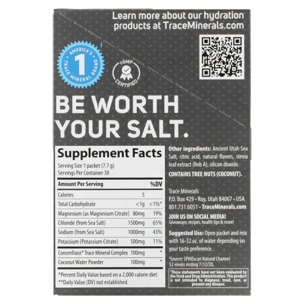 Електроліти, Electrolyte Drink Mix, Trace, зі смаком солоного цитрусу, 30 пакетів по 7,7 г кожен