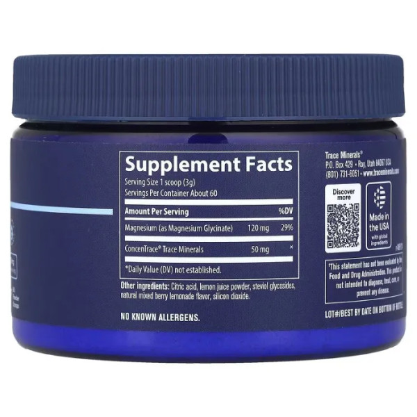 Магній гліцинат порошок, Magnesium Glycinate Powder, Trace Minerals ®, смак ягідний лимонад, 180 г